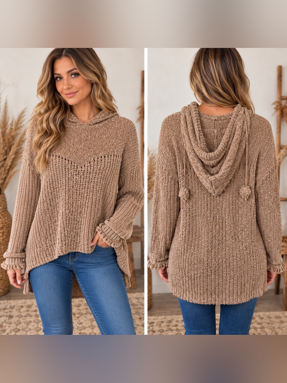 POL Chenille Hooded Sweater in Taupe
